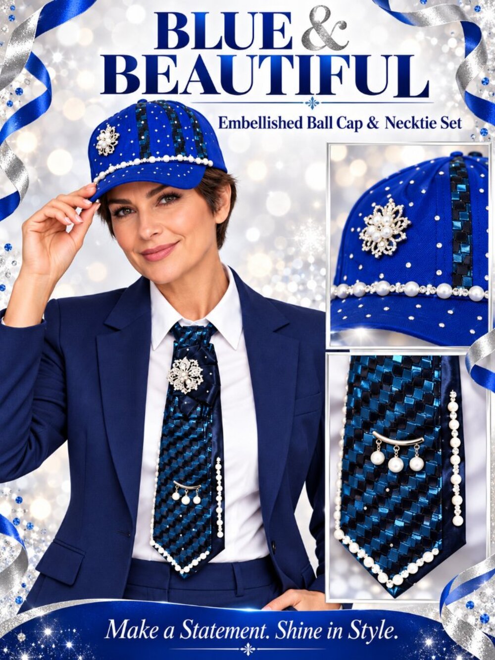 Royal Blue Pearl & Rhinestone Ball Cap and Necktie Set